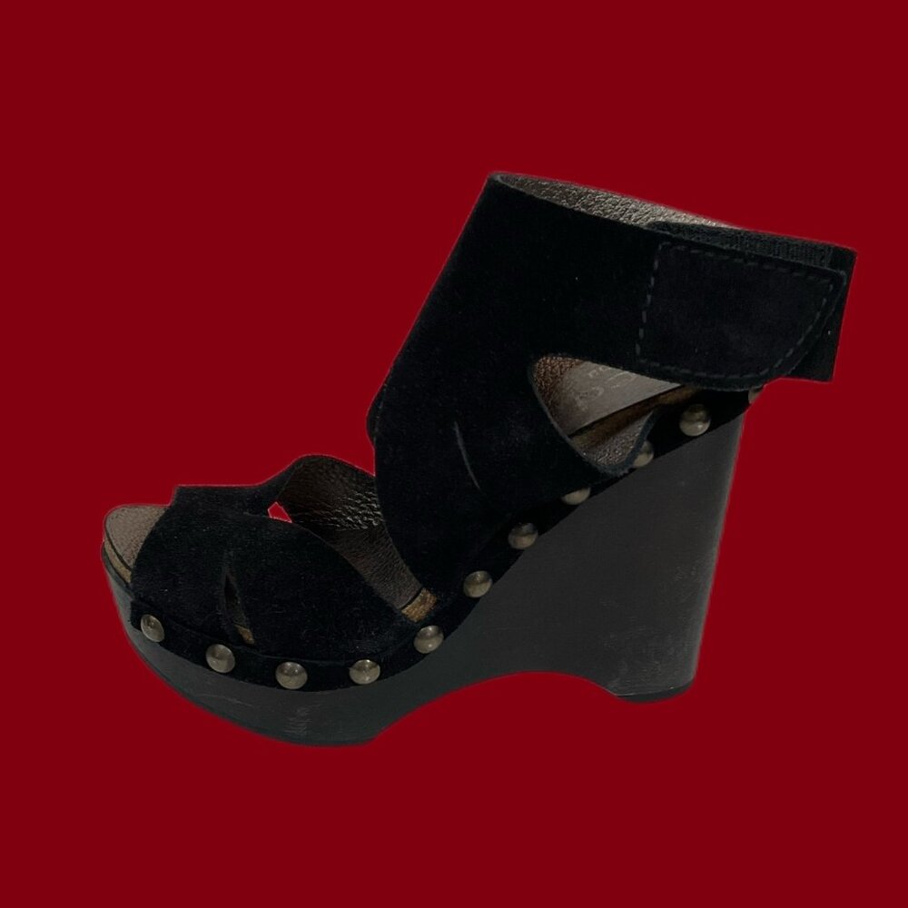 Pedro Garcia Womens Black Suede Wedge Sandals Size 36.5 EU / 6 US With Studded D